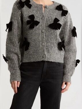 Lush Gray Ribbed Cardigan with Black Bow Appliqués